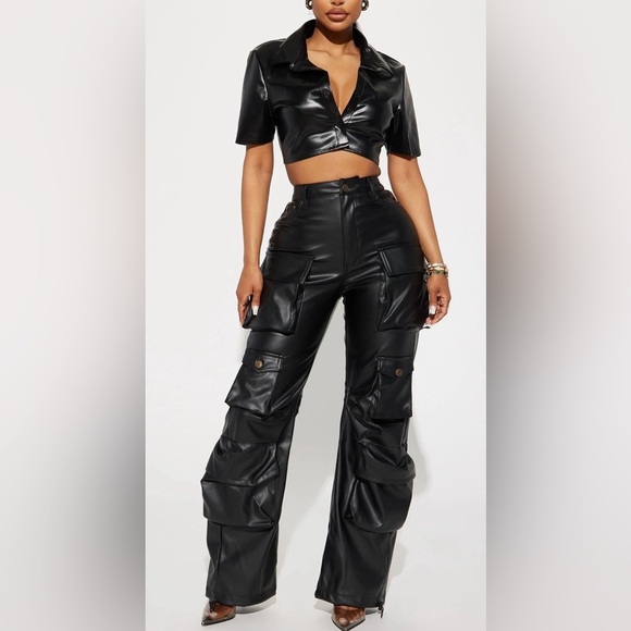FashionNova Pants - FashionNova City Is Mine Faux Leather Cargo Pant - Black XL